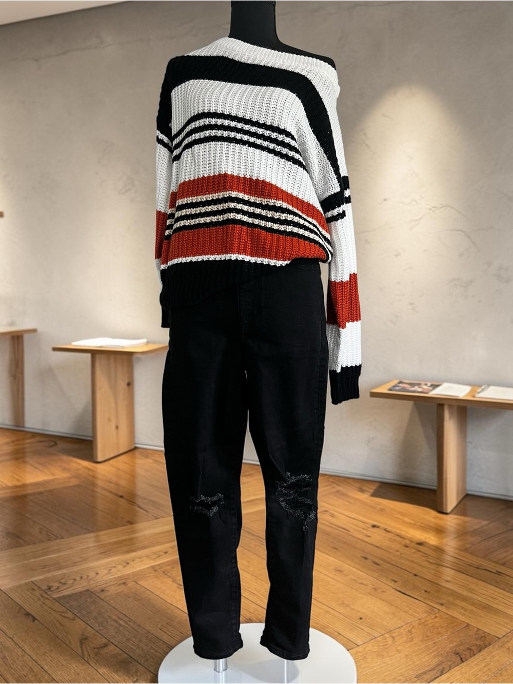 Off-The-Shoulder Striped Knit Sweater in White, Black & Rust